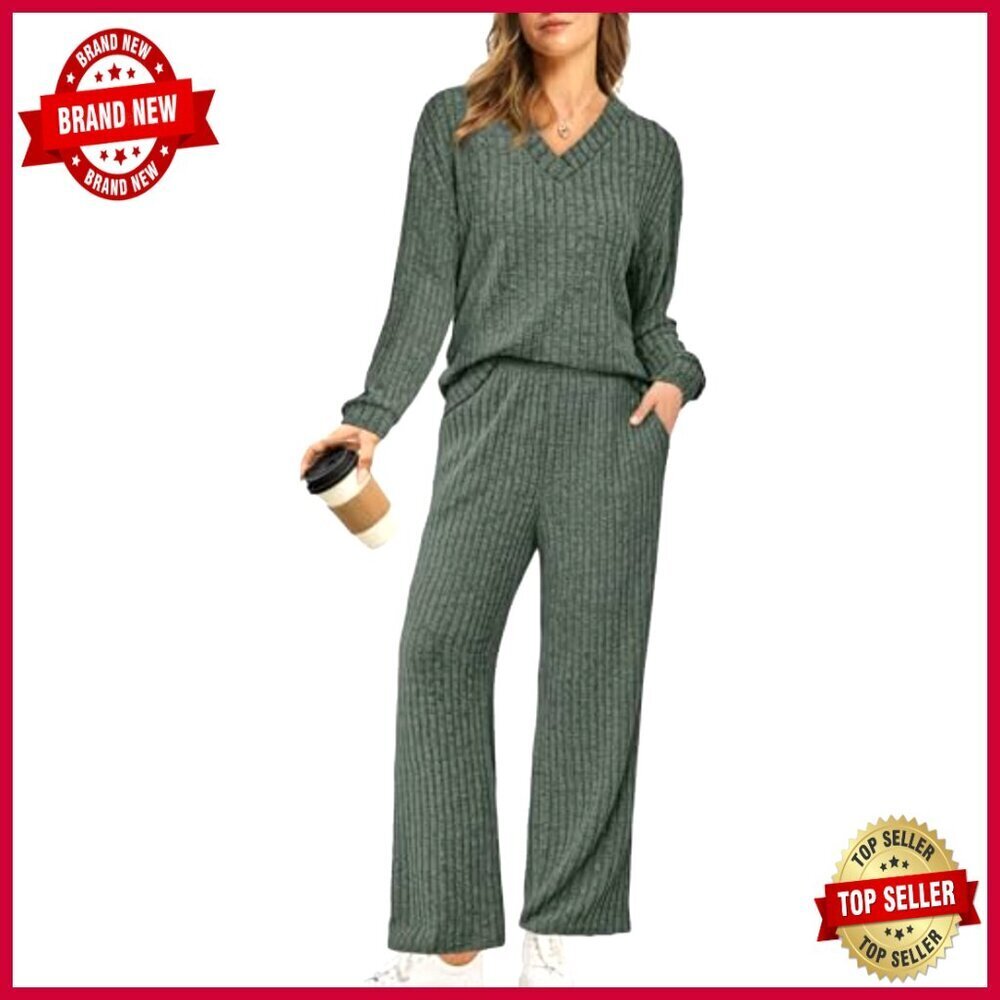 Matching Lounge Set V-Neck Sweater Wide Leg Pants S-2XL - Picture 4 of 7